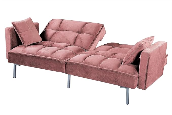 Regal 75.6 Velvet Convertible Sofa Bed - Mid-Century Sleeper Couch w/Tufted Design &amp Metal Legs - Pull-Out Futon for Guests/Home (75.6 W x 34.6 D x 32 H) Rose