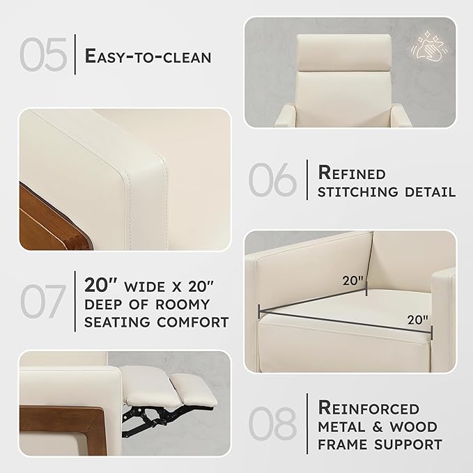Lexicon Push Back Recliner Chair Faux Leather Upholstered Reclining Chair with Footrest Exposed Dark Brown Finish Wood Frame Small Recliner for Small Space Living Room Bedroom Light Beige