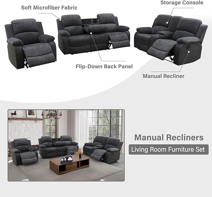 Manual Recliner Chair Reclining Chair Dark Grey Flannel Recliner Armchair for Living Room