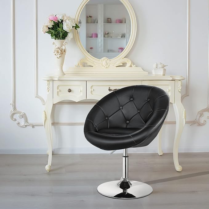 KOTEK Swivel Vanity Chair Height Adjustable Swivel Accent Chair w/Chrome Frame Modern Round Tufted Makeup Chair for Living Room Bedroom Lounge (1 Black)