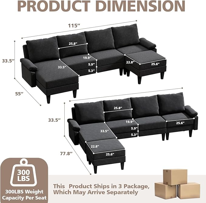 115 Modular Sectional Sofa U Shaped Sectional Comfy Couch for Living Room Convertible Modular Sofa Couch with Ottomans and Chaise High Supportive &amp Soft Sponge 6 Seats Black