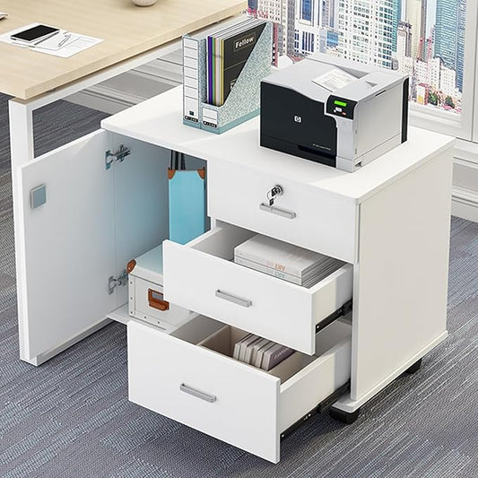 3-Drawer Metal File Cabinet Storage Filing Cabinets and 2 Lockable Casters Large Storage Printer Stand fits A4 or Letter Size Under Desk Organizer for Home Office School ( Color : White )