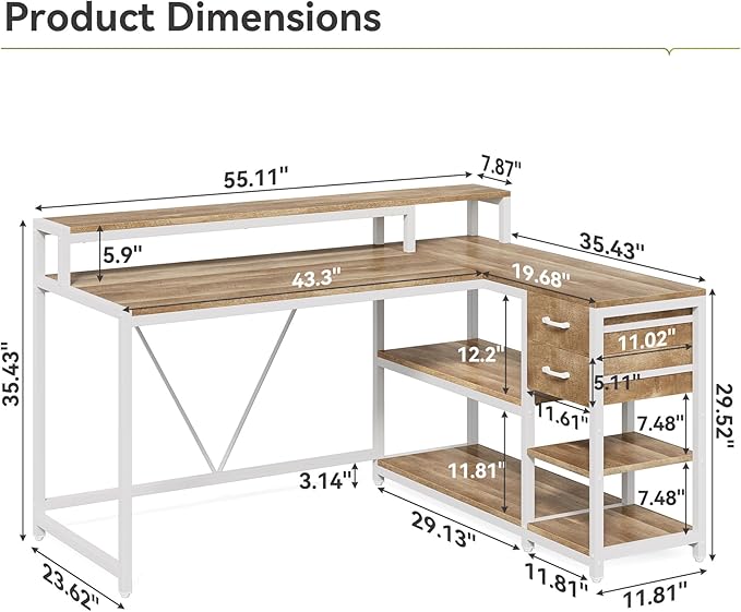 LITTLE TREE 55-Inch L-Shaped Computer Desk Reversible Computer Desk with Drawers and Storage Shelves Corner Desk Gaming Desk Work Desk for Home Office Walnut