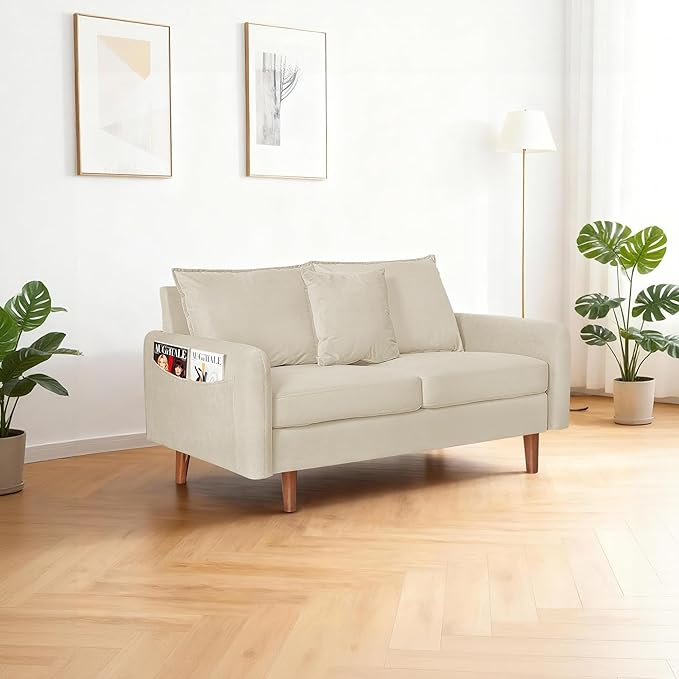 56.1 Round Arm Velvet Loveseat with Side Pockets and a Square Pillow (Beige) | Side Storage Pockets Pillow Included