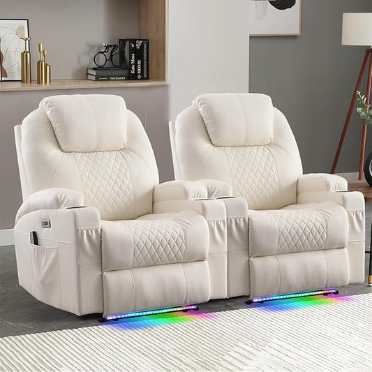 Power Recliner Chair with Heat and Massage for Adults - Home Theater Seating with LED LightsCup HoldersSide PocketUSB Port - Recliner Sofa for Living Room (Beige Set of 2)