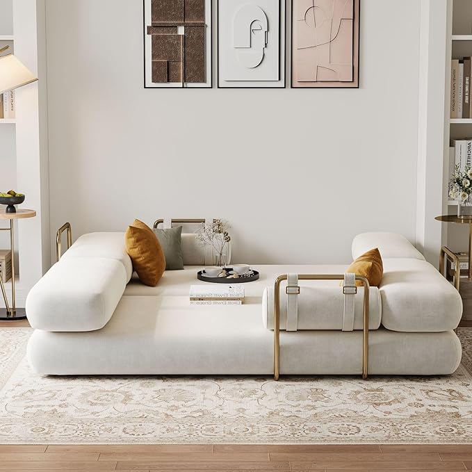 homary Velvet Futon Sofa Bed 81 Convertible Sleeper Couch with Detachable Bolster Pillows Stainless Steel Legs Modern 3-Seater Sofa for Living Room Apartment &amp Small Spaces (White)