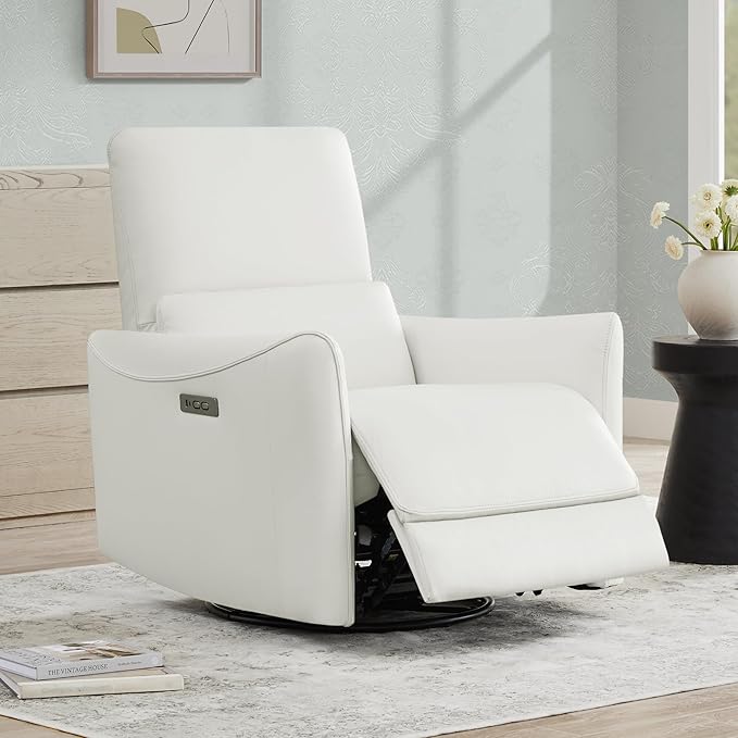 CHITA Power Recliner Chair Swivel Glider FSC Certified Upholstered Faux Leather Living Room Nursery Reclining Sofa Chair with Lumbar Support White
