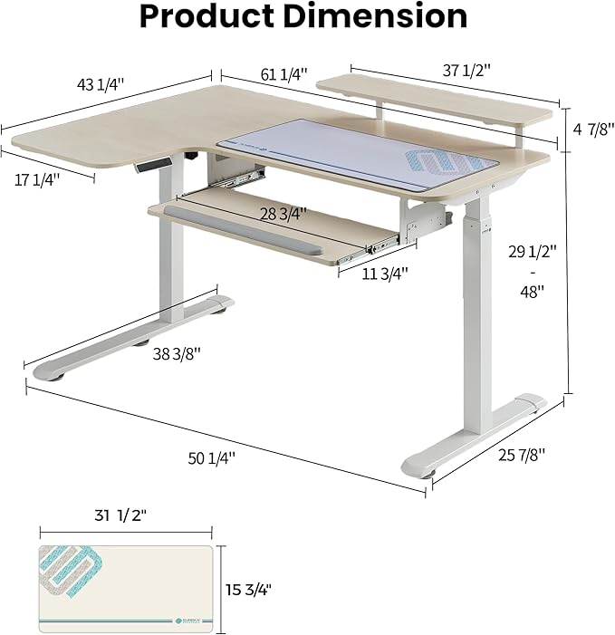 EUREKA ERGONOMIC 55 Inch L Shaped Electric Standing Desk Height Adjustable Computer Gaming Desk with Keyboard Tray Mouse Pad Home Office Work Maple Wood Left Side