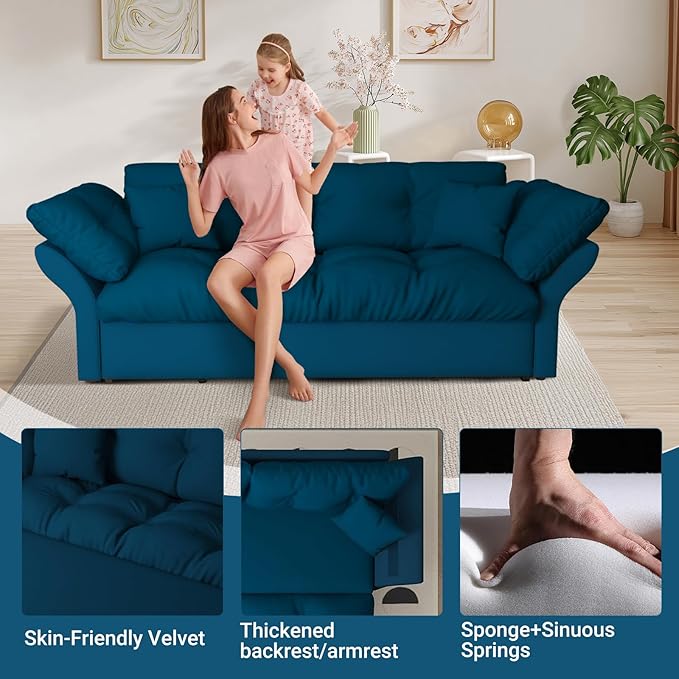 74.8 Queen Pull Out Sofa Bed 3-in-1 Convertible Sleeper Sofa Bed Velvet Small Loveseat for Small Spaces Comfy Cloud Pullout Couches Multi-Functional Couches for Living Room Bedroom Lounge(Blue)