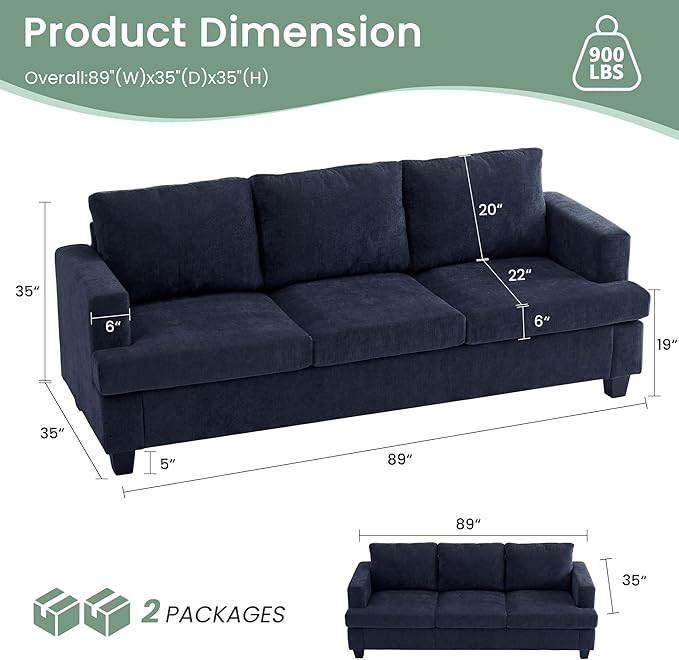 YOUDENOVA 2 Piece Set Comfy Sofa Couch 3 Seater &amp Loveseat Sofa with Deep Seats Modern Sleeper Couch for Living Room Navy Chenille