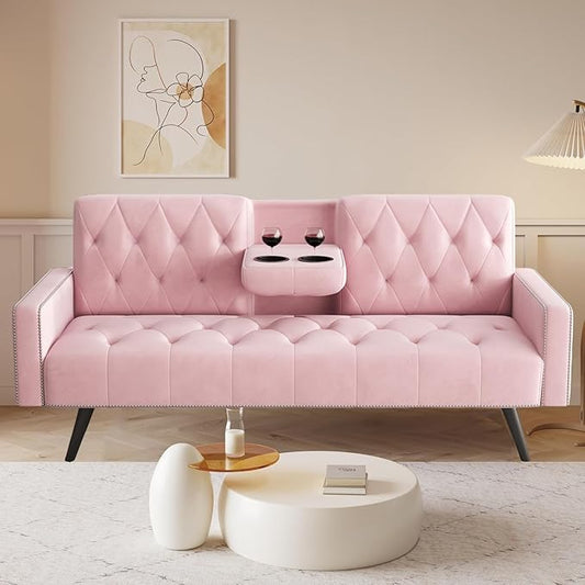 72 Pink Velvet Futon Couch Living Room Couch Bed Convertible Sleeper Sofa Bed with Cup Holder for Bedroom Guest Bed 2 Seater Reclining Sofas Couches with Nailhead Trim for Small Space (Pink)