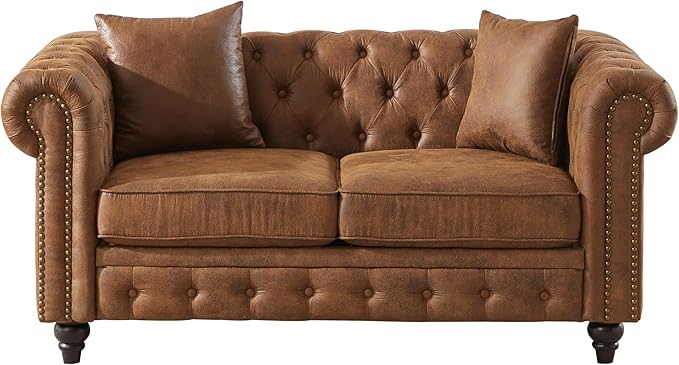 KEIKI Chesterfield Sofa Retro Style Upholstered 2 Seater Tech Fabric Couch with Rolled Arm for Living Room Bedroom Office Brown