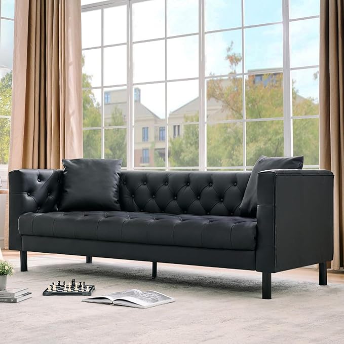 81 Button-Tufted Leather Sofa Mid-Century Modern Chesterfield 3 Seater with Deep Seat and 2 Pillows Ideal Leather Couch for Living Room Apartment and Office Use (Charcoal Black)