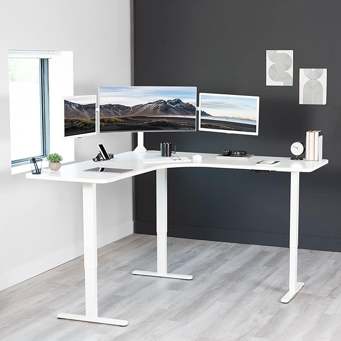 VIVO Electric Height Adjustable 71 x 71 inch Curved Corner Stand Up Desk White Table Top White Frame Memory Controller L-Shaped Workstation E3C Series DESK-KIT-E3CWW