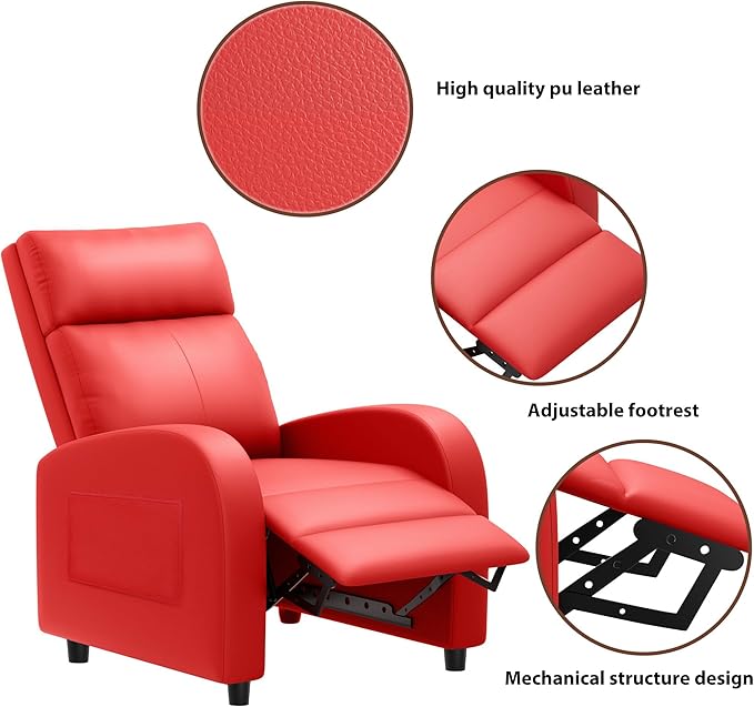 JUMMICO Recliner Chair Adjustable Home Theater Single Recliner Sofa Furniture with Thick Seat Cushion and Backrest Modern Living Room Recliners (Leather Red)