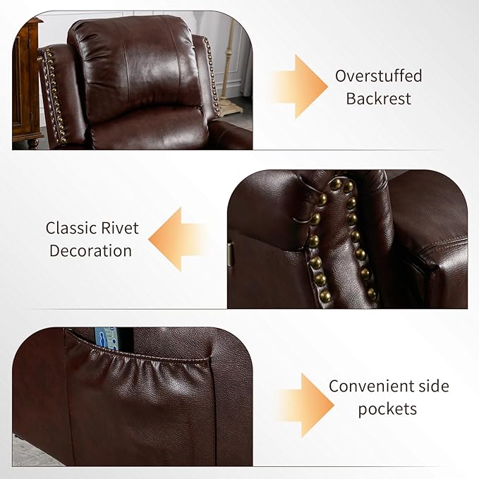 Classic Power Recliner Chair Set of 2 with Massage and Heat Breathable Faux Leather Electric Recliner with USB Port Overstuffed Reclining Sofa with Rivets for Living Room Caramel Brown
