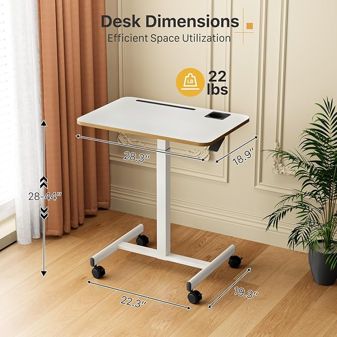 Mobile Standing Desk Rolling Laptop Cart Adjustable Height with Cup Holder 28 inch Portable Table with 4 Lockable Wheels White Computer Workstation with Hook and Slots for Home Office