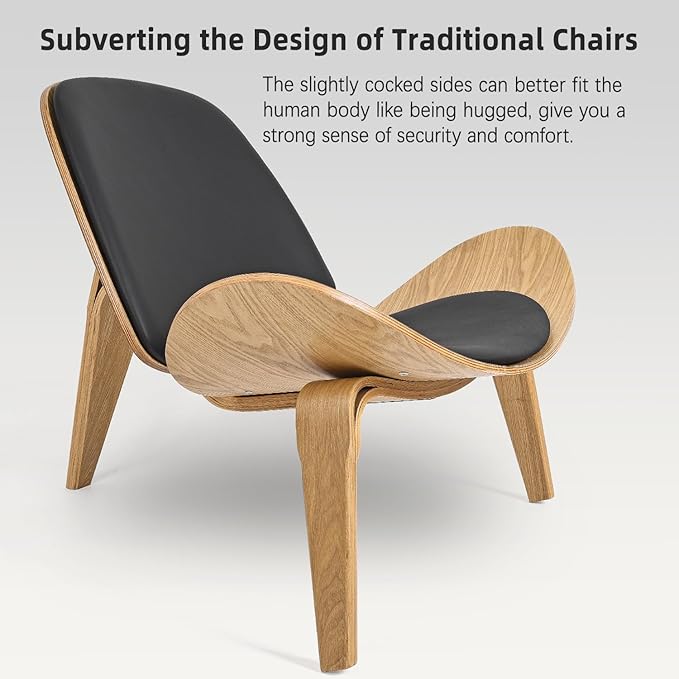Hans Wegner Style Three-Legged Shell Chair Ash Plywood Black Faux Leather Accent Chair Living Room Furniture Mid-Century Modern Shell Chair