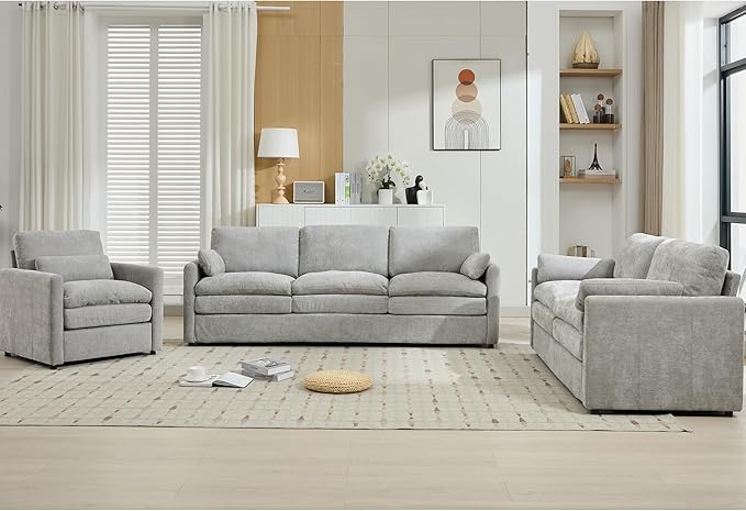 3-Piece Cozy Upholstered Sofa Set Upholstered Sofa Set with Single Sofa Loveseat and 3-Seater Sofa Oversized Comfy Cloud Sofa for Living Room Office Apartment (Light Grey-4c)