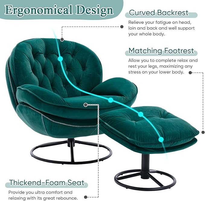 Velvet Swivel Accent Chair with Ottoman Tufted Upholsterd Comfy Lounge Chair with Metal Base &amp Footrest Modern Single Sofa Reading Side Chair with 360 Rotation for Living Room (Green)