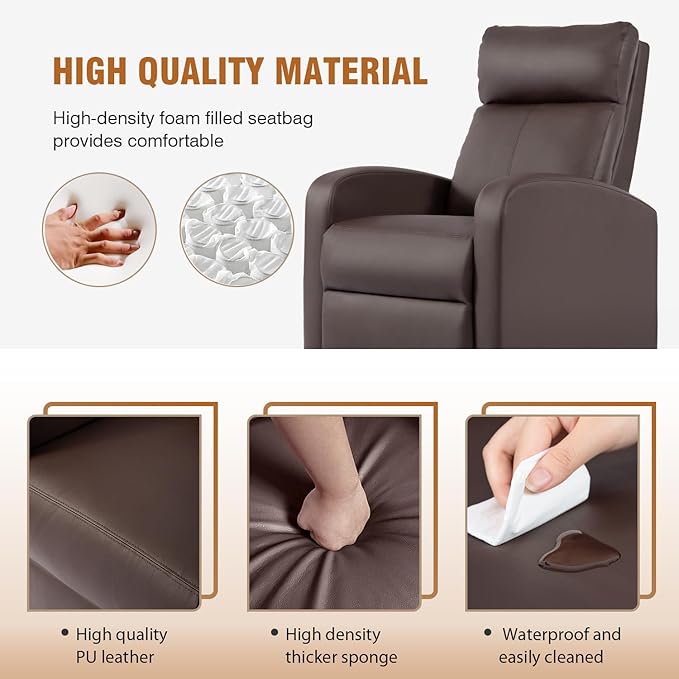 FDW Recliner Chair Single Reclining Sofa Leather Chair Home Theater Seating Living Room Lounge Chaise with Padded Seat Backrest (Brown)