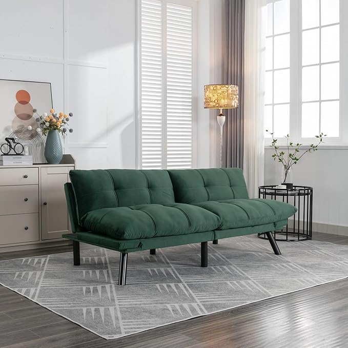 Anwick Futon Sofa Bed Velvet Convertible Futon Sleeper Couch 71 Sleeper Sofa Bed with Adjustable Backrest Modern Loveseat Couch for Compact Living Room Apartment Office (Green)