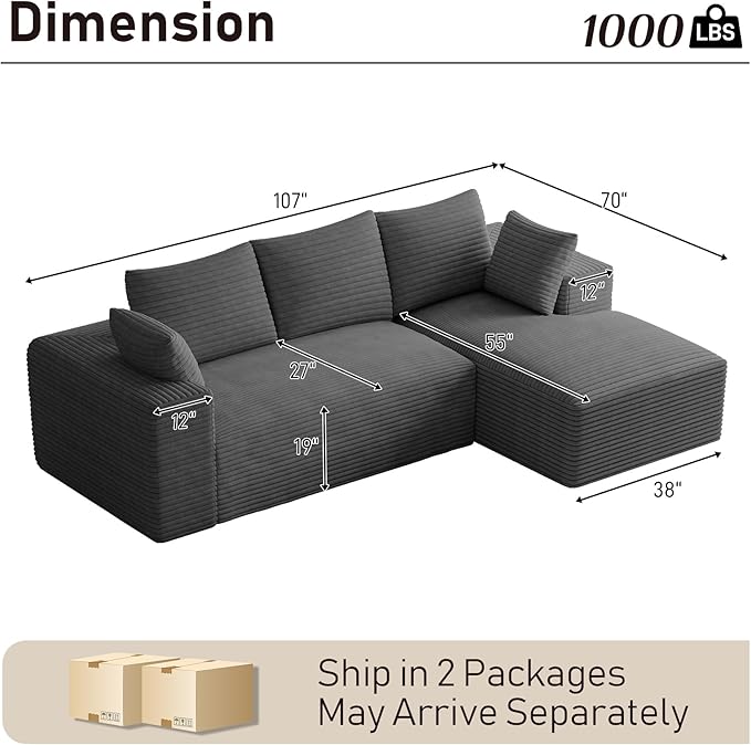 Modular Sectional Sofa Cloud Couch107 Comfy L Shaped Sectional Couches for Living RoomModern Deep Seat Cozy Fluffy Corduroy Boneless Couch Sectionals Sofa with Chaise(Right FacingDark Grey)