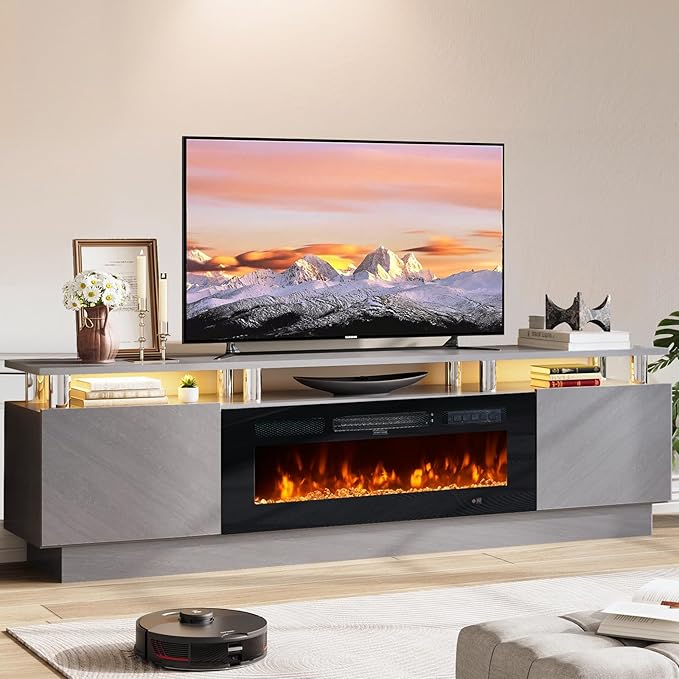 80 TV Stand &amp Entertainment Center Media Console with Storage Cabinet Fits TVs up to 90 Modern Living Room Furniture 36 Electric Fireplace (Grey+Black)