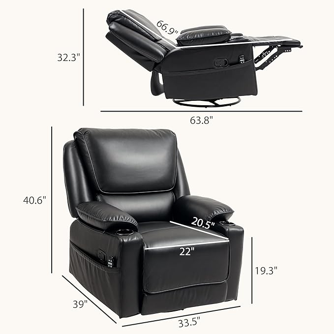 HOMCOM Swivel Rocker Recliner Chair with Vibration Massage and Heat Oversized Ergonomic Lounge Chair with PU Leather Remote Footrest Cup Holders and Side Pockets for Living Room Black