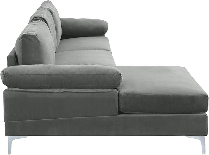 Casa Andrea Milano LLC Modern Large Velvet Fabric Sectional Sofa L-Shape Couch with Extra Wide Chaise Lounge Grey