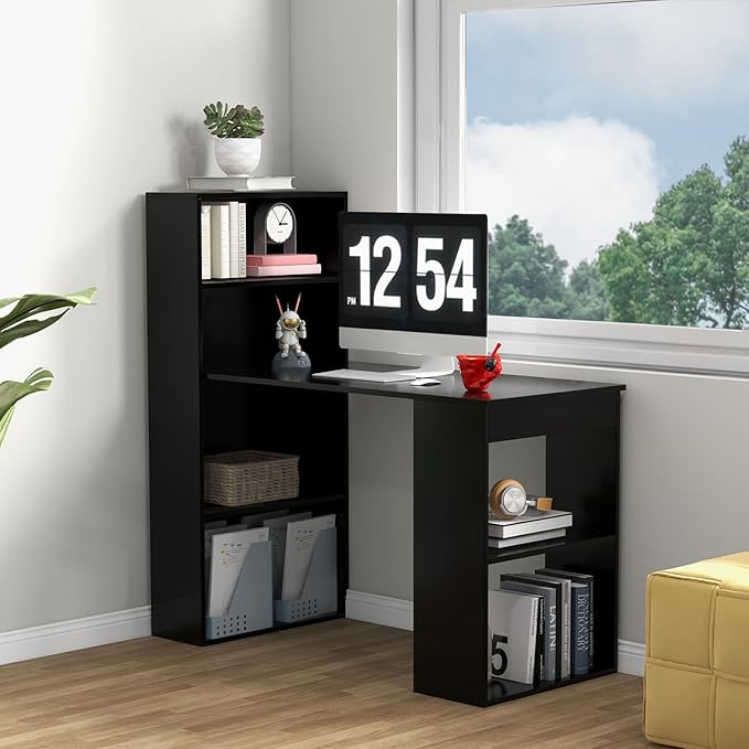 Giantex 48 Inch Computer Desk with Bookshelf 3-in-1 Home Office Desk with 4-Tier Bookcase &amp CPU Stand Space-Saving Reversible Writing Desk Work Table for Bedroom Study Room Office (Black)