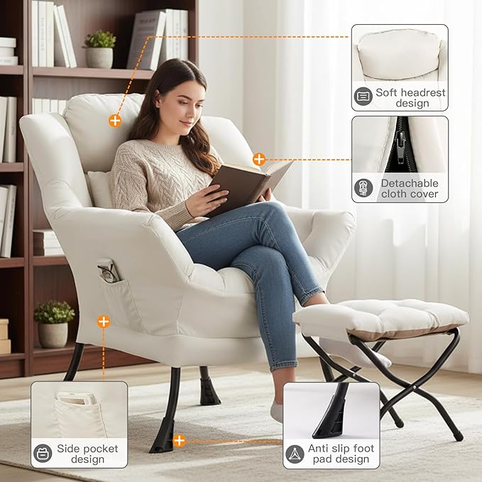 Lazy Chair with Ottoman Large Accent Chair with Ottoman and a Throw Pillow Beige Reading Chair for Living Room Bedroom Dorm Room Office Apartment Relaxing Use