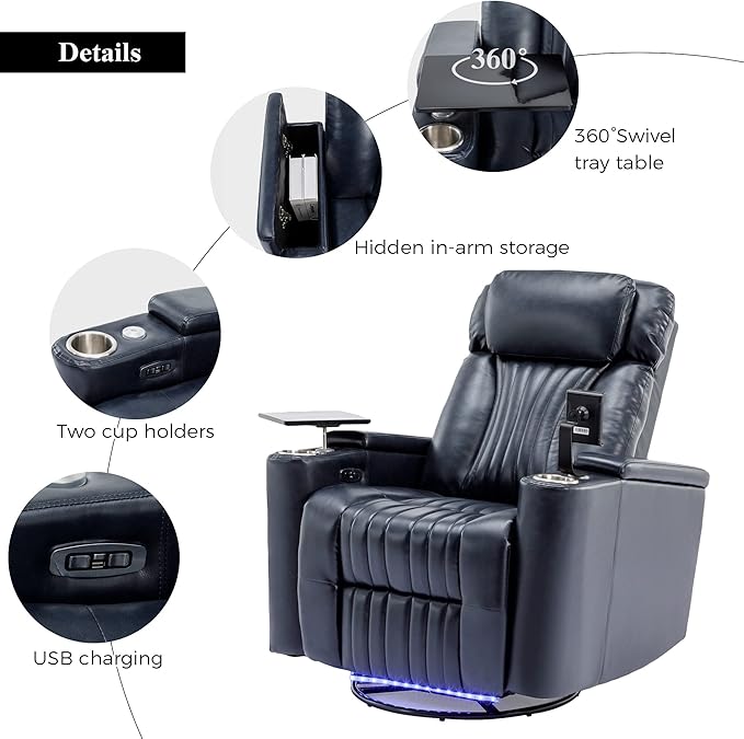 270° Power Swivel Recliner Home Theater Seating With Hidden Arm Storage and LED Light Strip Cup Holder 360° Swivel Tray Table and Cell Phone Holder Soft Living Room Chair Blue