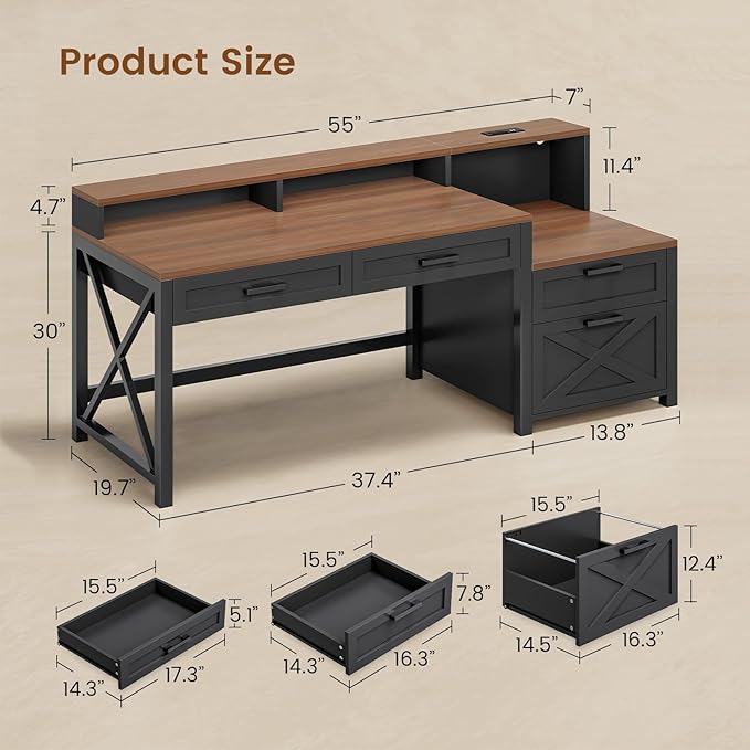 SEDETA Farmhouse Home Office Desk with File Drawer &amp Power Outlet Computer Desk with 4 Drawer Storage Shelves Printer Cabinet and Monitor Shelf Gaming Desk with Led Lights Black Brown