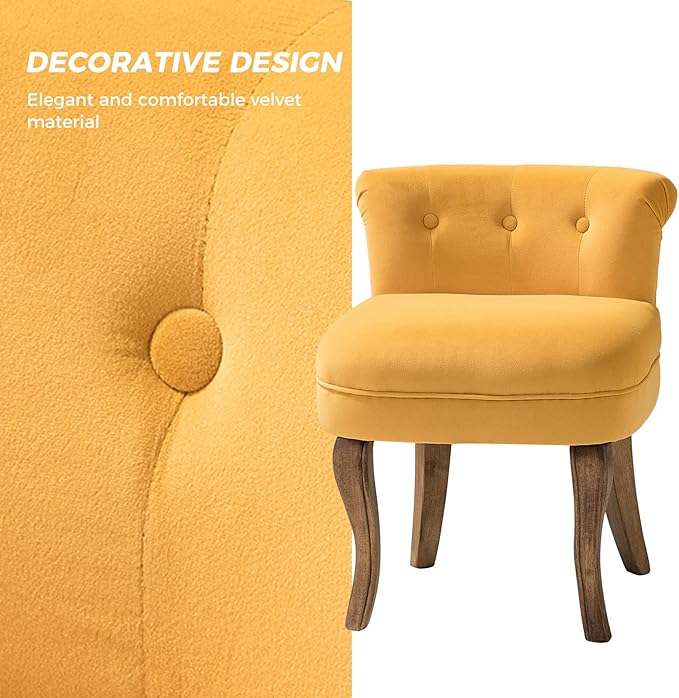 HULALA HOME Velvet Vanity Chairs with Low Back Modern Vanity Stool with Solid Wood Legs Small Upholstered Makeup Chair for Bedroom Living Room Dressing Women Girls Set of 2 Mustard