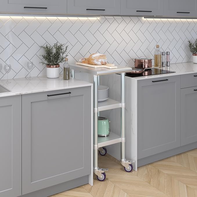 AmGood Stainless Steel Work Table with 2 Shelves and Casters | Metal Utility Table On Wheels (Stainless Steel Work Table with 2 Shelves + Casters 15 Long x 24 Deep)
