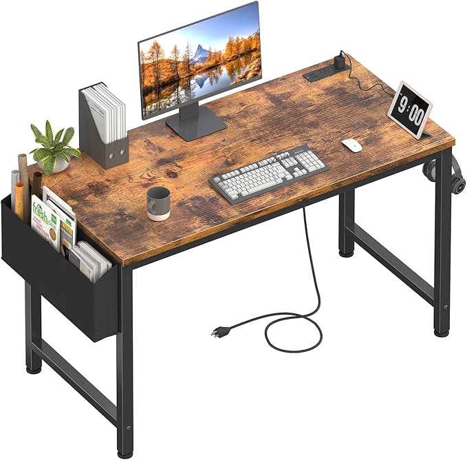 Lufeiya Computer Desk with Power Outlet 47 inch Teen Study Table Home Office Work Writing Gaming Desks with Charging Station Outlets Built in Brown