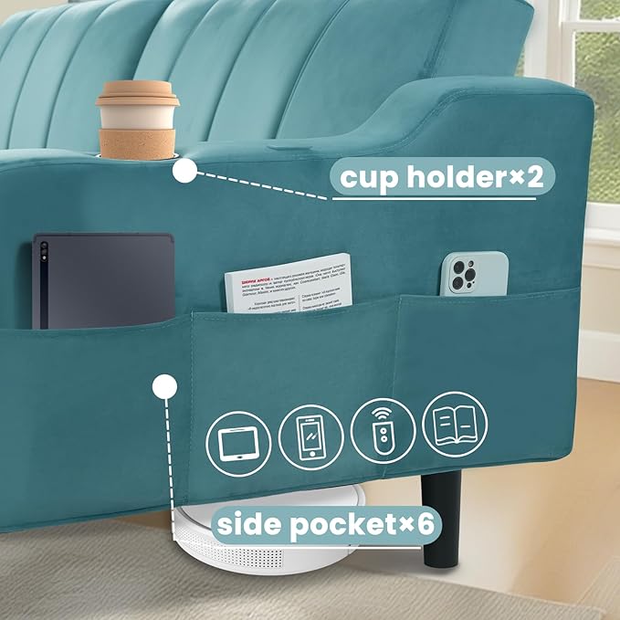 Brelice Futon Sofa Bed 80 Sleeper Loveseat Futon Couch with Cup Holders &amp Side Pockets Velvet Sofa Cama for Living Room and Small SpaceTeal