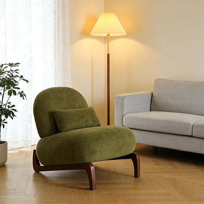 Modern Comfy Upholstered Cloud Armless Accent Chair Cozy Fabric Lounge Chairs with Wood Legs &amp Pillow Comfortable Sofa Reading Chair for Living Room Bedroom Apartment Balcony Green
