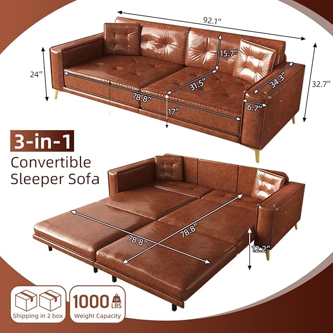 92.1King Size Pull Out Sofa Bed 3-in-1 Faux Leather Convertible Sleeper Sofa with Ultra Wide Armrests Tufted Modern Sofa with 2 Pillows for Bedroom Living Room (Orange Brown 92.1inch)