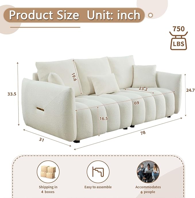Antetek Teddy Sofa Set for Living Room 2 Pieces Modern Deep Seat Oversized 3-Seater Cloud Boucle Couch for Bedroom Office Apartment Furniture Set 78-inch Beige (2 Pieces)