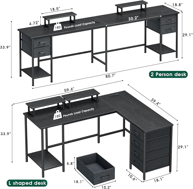 59 inch L Shaped Computer Desk with Power Outlets Home Office Desk with 4 Adjustable Storage Drawers &amp 2 Monitor Stands Two Person Gaming Table for Bedroom Black