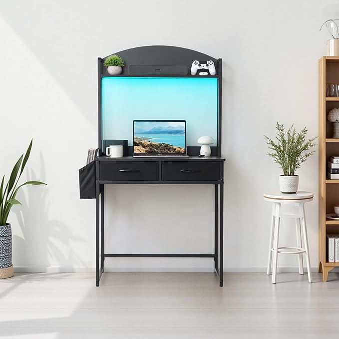 KATHY&ampBOB Freestanding Ladder Desk with Power Outlets Home Office Study Reading Desk with 2 Fabric Drawers and Side Bag Open Shelf Computer Gaming Desk Modern Vanity Dressing Makeup Table