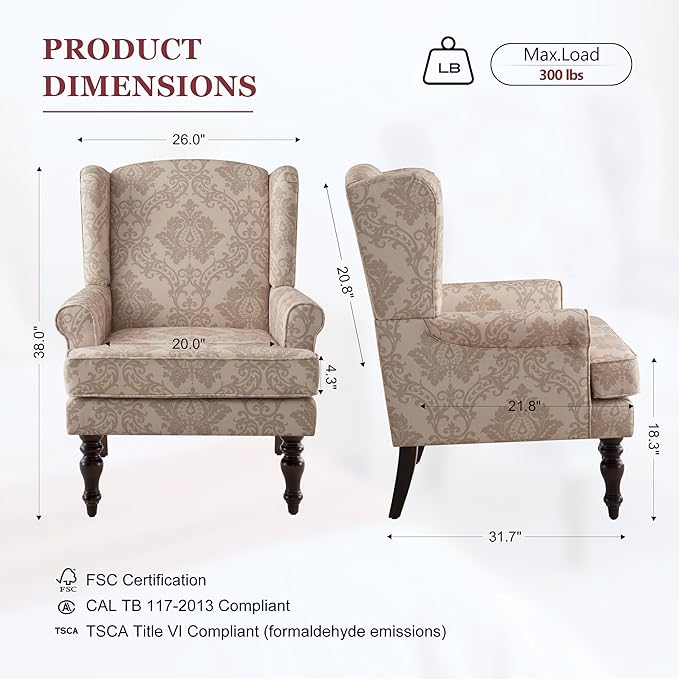HUIMO Printed Wingback Accent Chair Linen Upholstered High Back Armchair Comfy Reading Chair for Living Room Bedroom Study 300lbs Weight Capacity (1 Brown Floral)