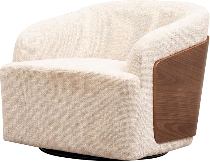 Swivel Accent Chair Linen Swivel Barrel Chair Comfortable Mid Century Modern Chair Upholstered Metal Base Armchair for Living Room Bedroom Office Large Vintage White