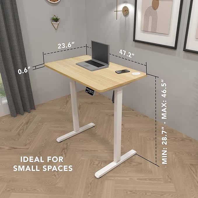 Mount-It! Maple Standing Desk 48x24 – Electric Height Adjustable Sit to Stand Desk with Memory Presets Ergonomic Workstation for Home Office or Study White Frame with Maple Splice Board Top