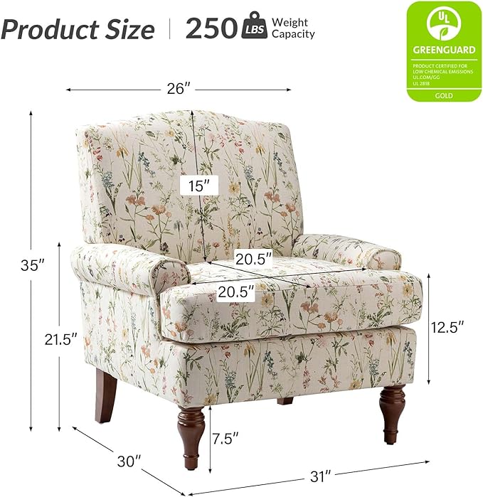 HULALA HOME Floral Spring Accent Chair Set of 2 for Bedroom | Wood Legs Upholstered | Modern Retro Comfy Removable Cushion
