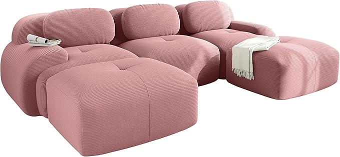 117.3 U-Shaped Cloud Couch Modular Sectional Sofa - Boneless Deep Seat 3-Seater with 2 Movable Ottomans No Assembly Corduroy Upholstery Couches for Living Room (Pink)