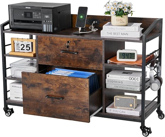 VEVOR 2 Drawers Metal File Cabinet Lateral Filing Cabinet with Lock and 6 Open Shelves Wooden Wide Filing Storage Cabinets with Power Strip for Letter A4 Legal Size File Easy Assembly Brown