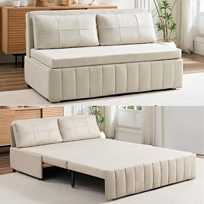 ijuicy 3 in 1 Queen Size Pull Out Sofa Bed Leathaire Sleeper Sofa with Pullout Bed Convertible Loveseat Couch with Pillows and Tri-fold Mattress for Small Spaces Apartment Beige